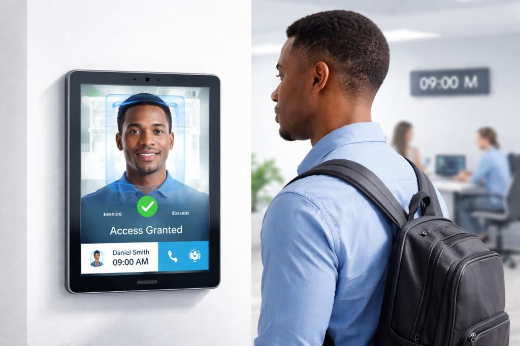 Employee using AttendByFace facial recognition kiosk — Access Granted
